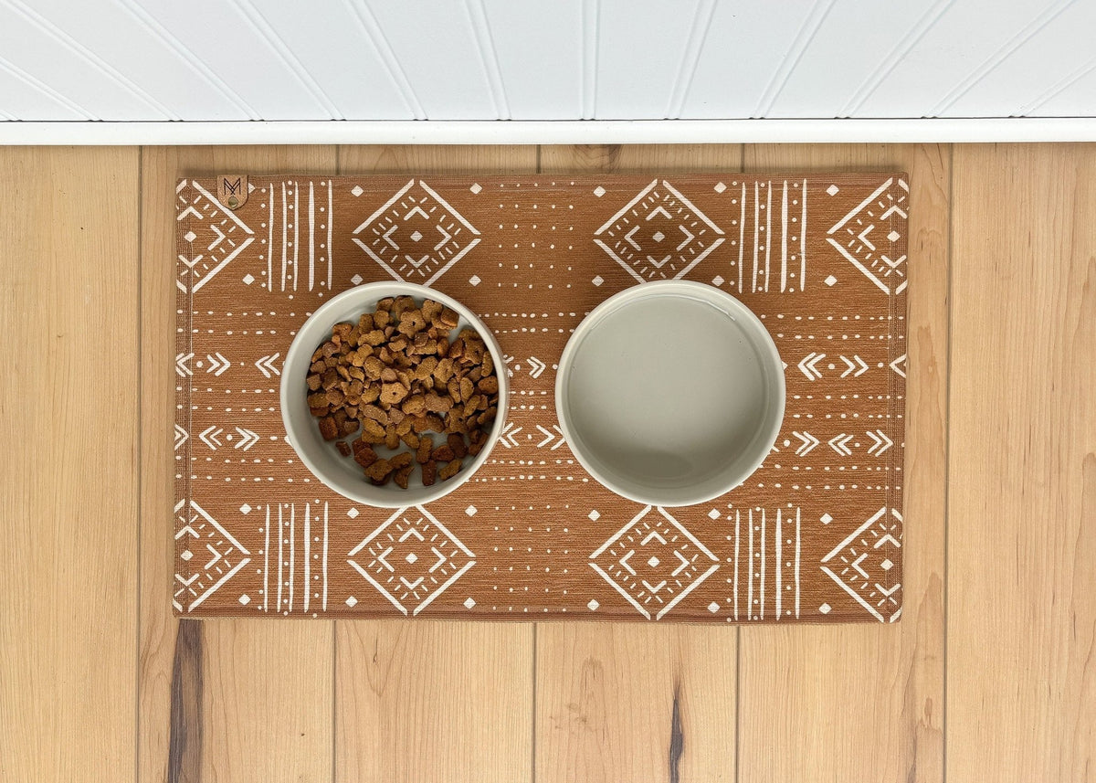 Rust mudcloth dog bowl mat – personalized, washable and nonslip