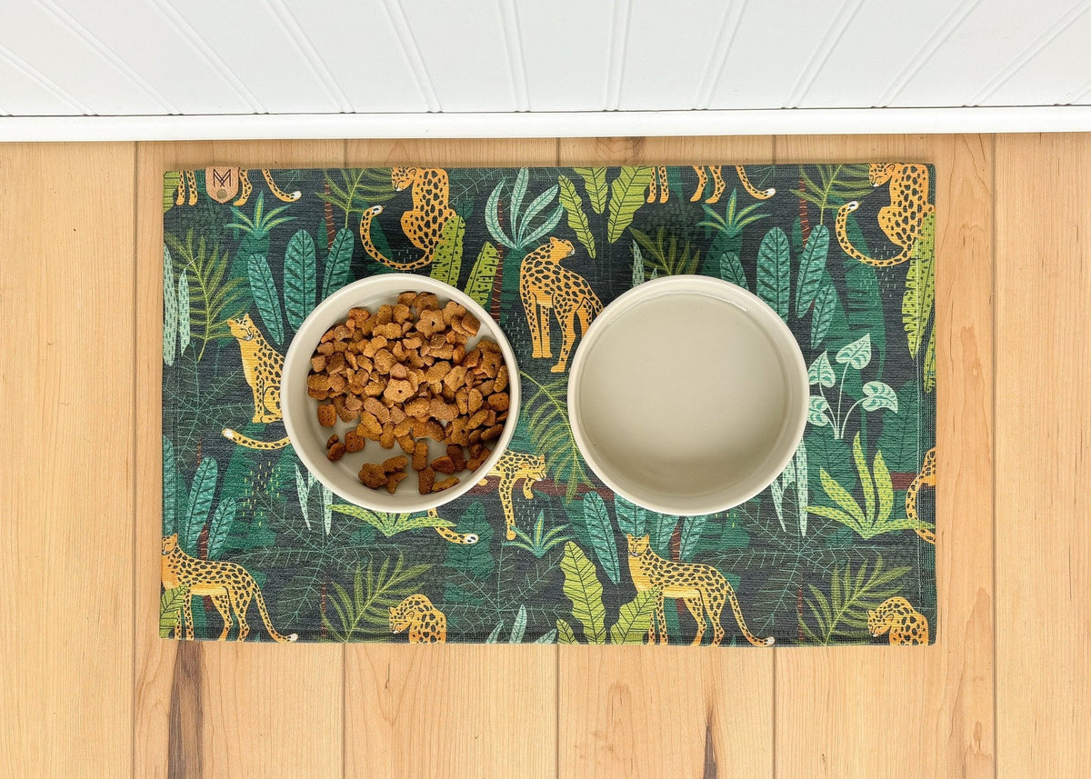 Green leopard print dog bowl mat – personalized, washable and nonslip