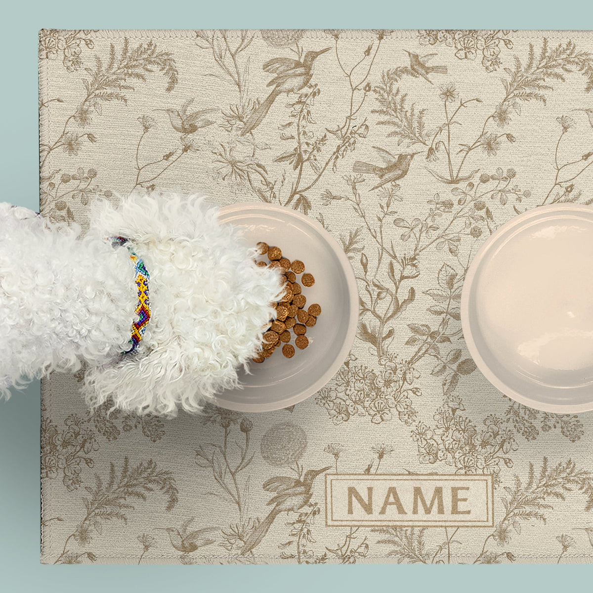 Olivia Pet Feeding Mat - Beige Bird Toile - MissionMae