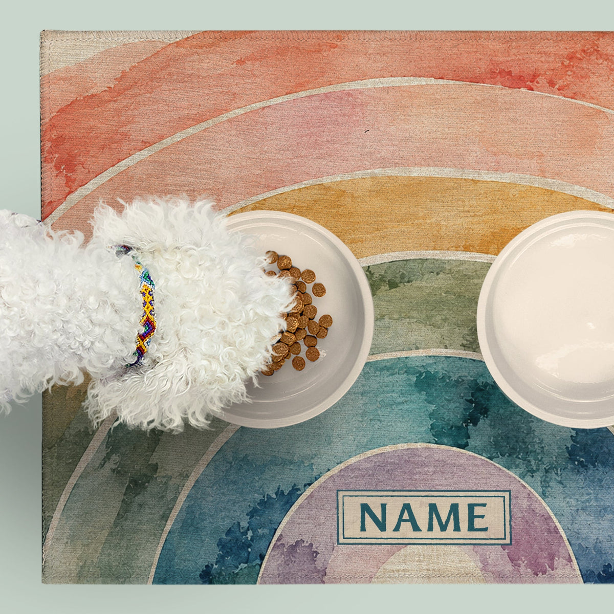 Personalized Dog Bowl Mat, Watercolor Rainbow | Iris Washable Nonslip Pet Feeding Mat - MissionMae