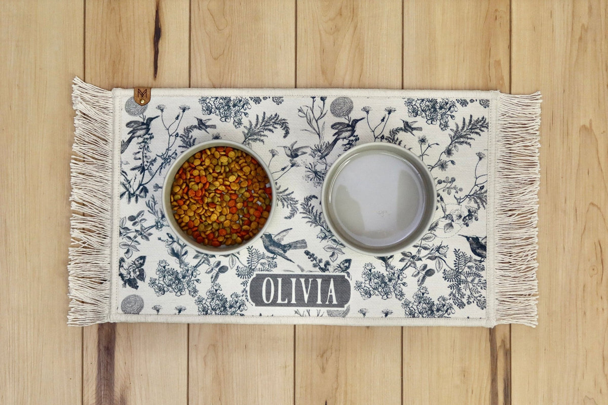 Personalized Dog Bowl Mat w/Fringe - Olivia Blk - MissionMae