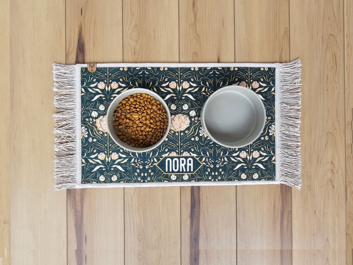 Personalized Pet Bowl Mat with Fringe - Nora - Pet Gift, Dog Bowl Mat, Cat Bowl Mat - MissionMae