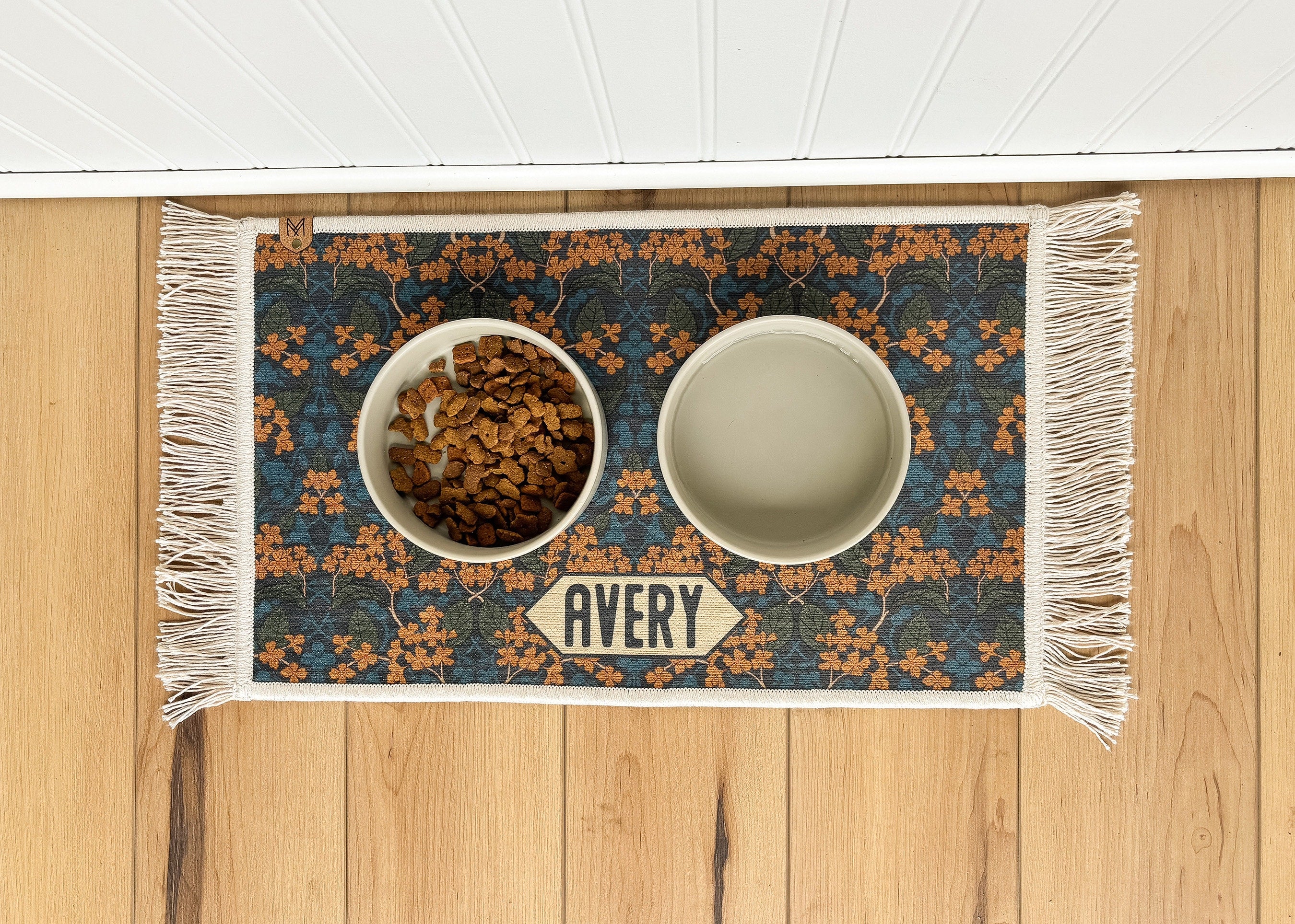 Personalized Dog Bowl Mat with Fringe Nonslip Machine Washable Avery