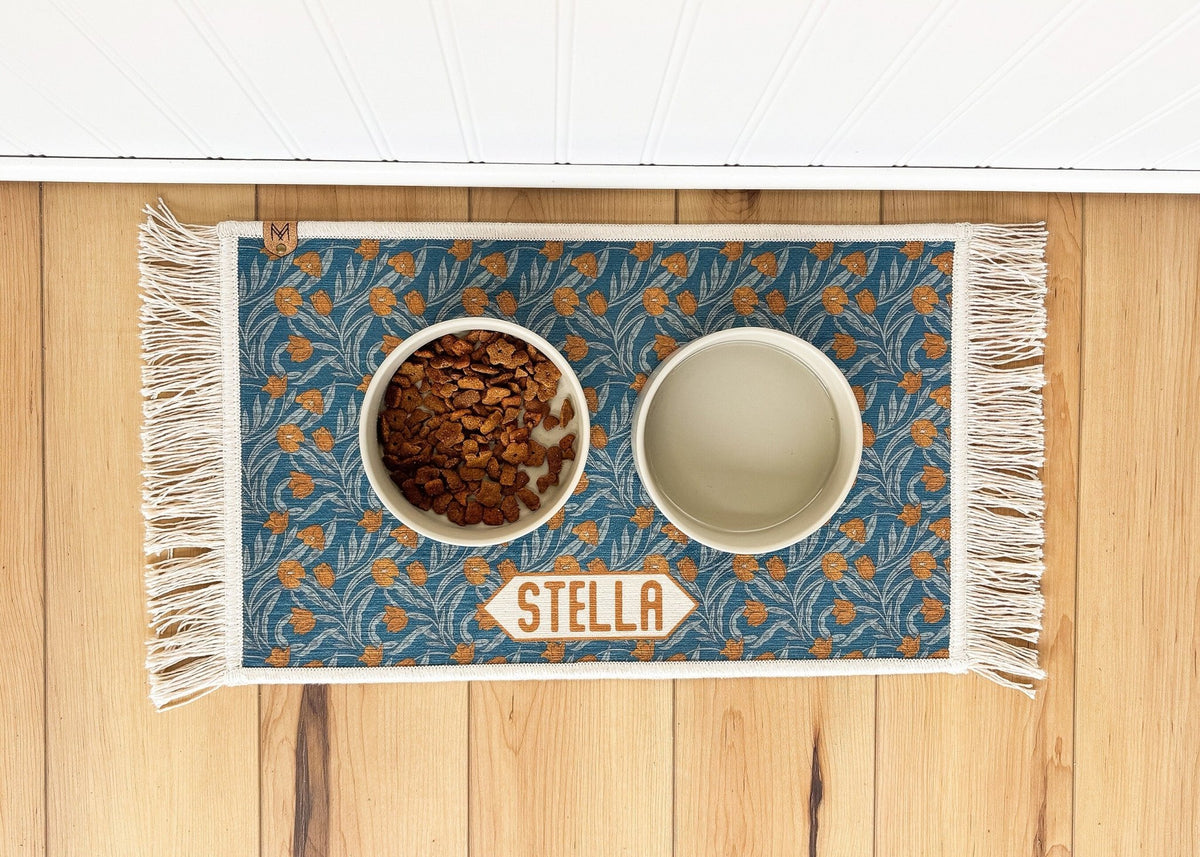 Personalized Dog Bowl Mat Fringe, Nonslip, Machine Washable - Stella - MissionMae