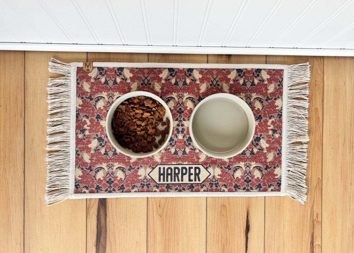 Coral Tapestry Floral William Morris style dog bowl mat with fringe – personalized, washable and nonslip
