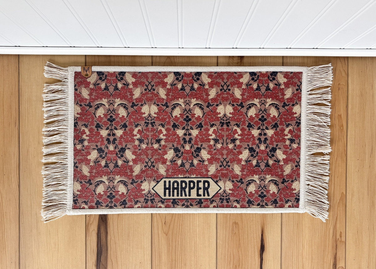 Coral Tapestry Floral William Morris style dog bowl mat with fringe by MissionMae – photo 3