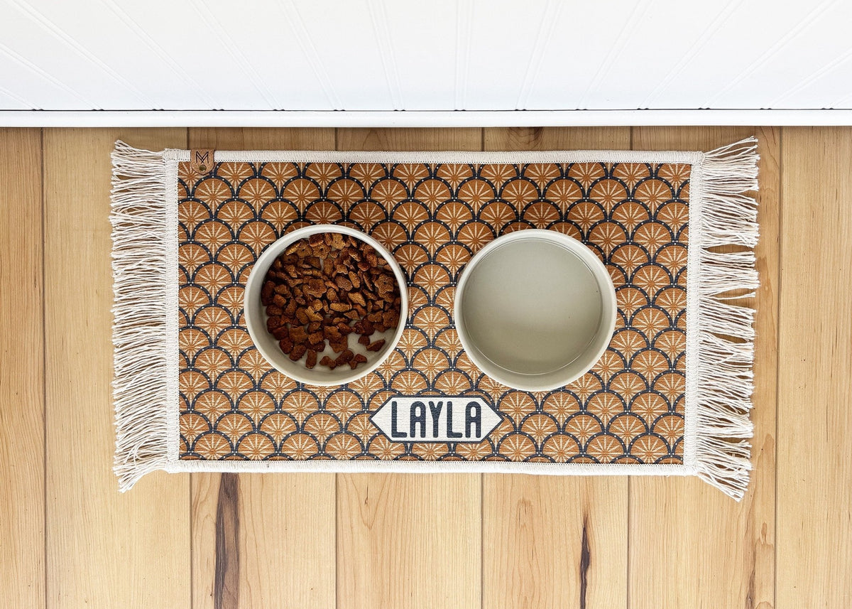 Personalized Dog Bowl Mat with Fringe, Nonslip, Machine Washable - Layla - MissionMae