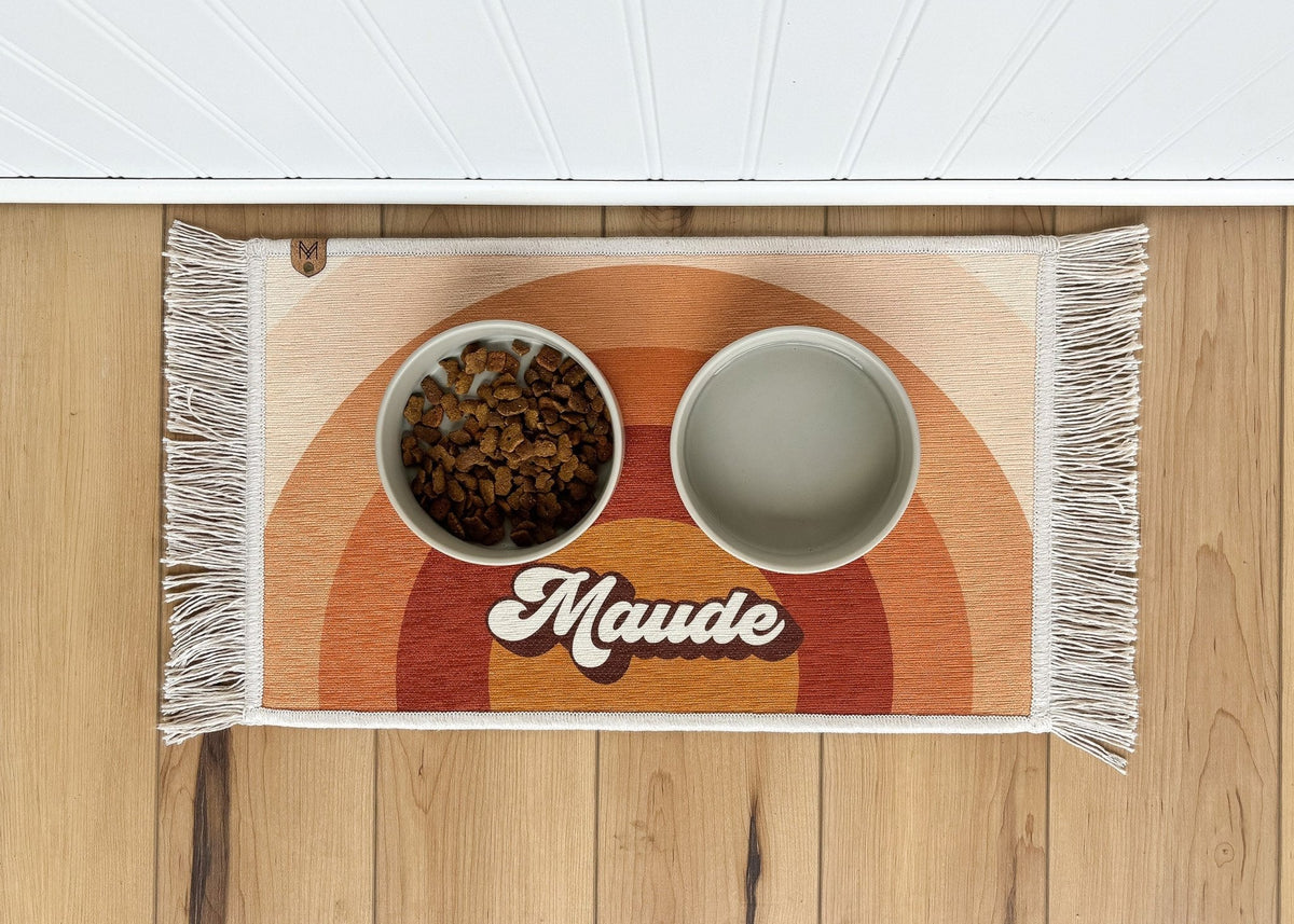 Boho rainbow dog bowl mat with fringe – personalized, washable and nonslip
