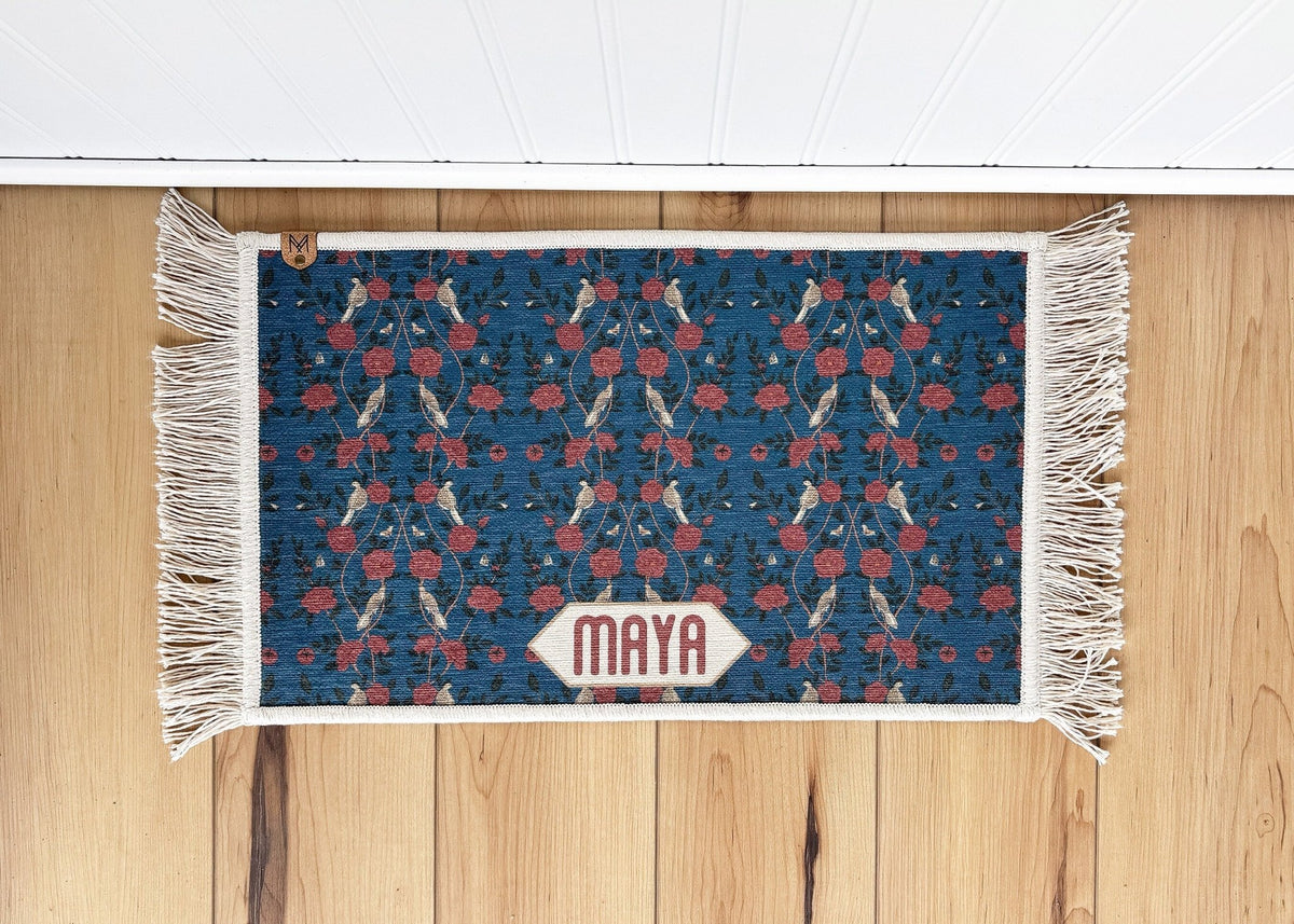 Personalized Dog Bowl Mat with Fringe, Nonslip, Machine Washable - Maya - MissionMae