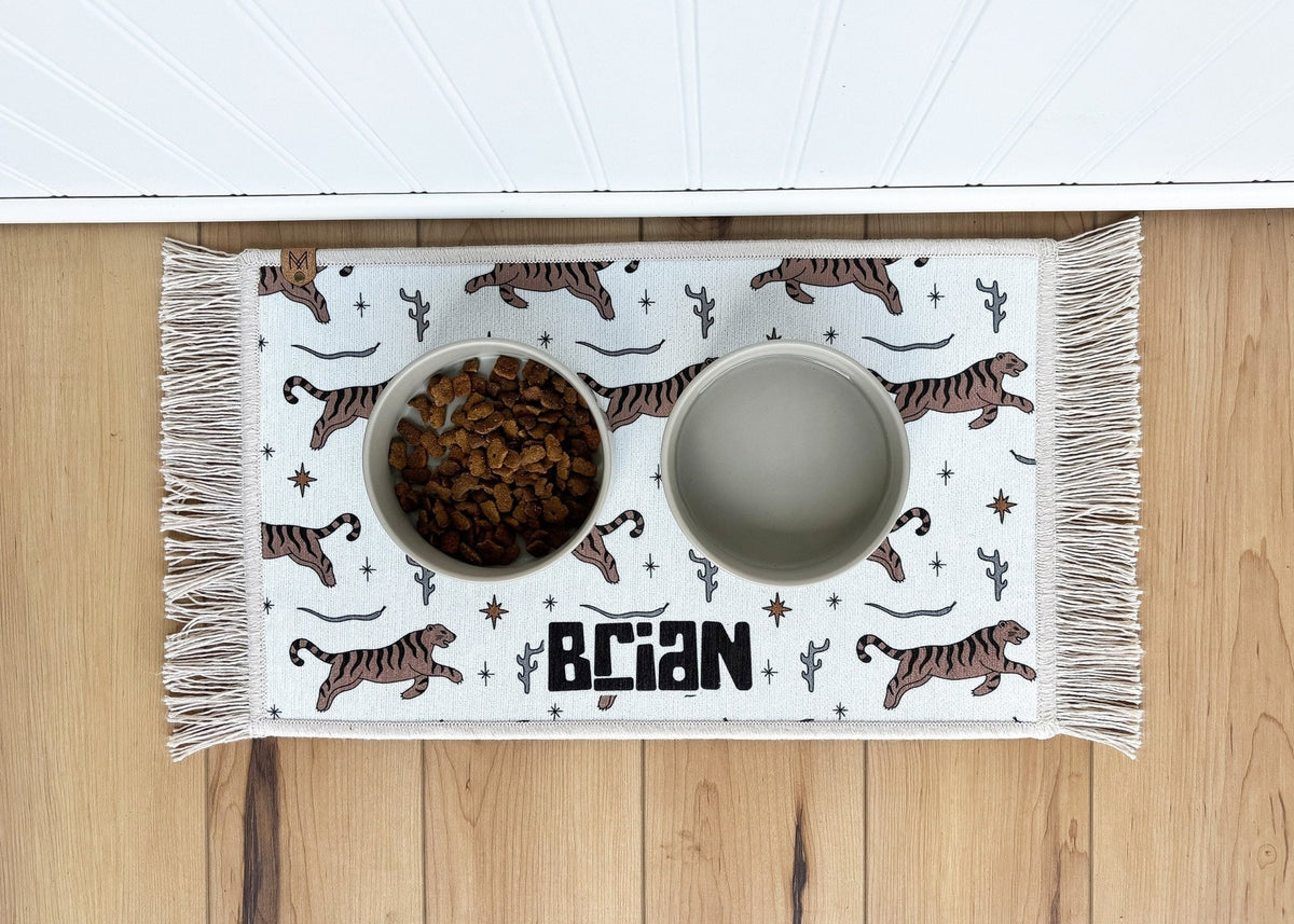 Boho animal print dog bowl mat with fringe – personalized, washable and nonslip