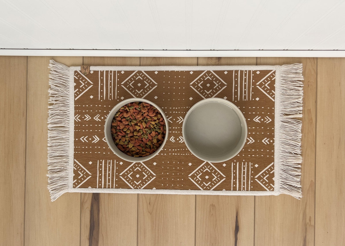 Southwest tribal dog bowl mat with fringe – personalized, washable and nonslip