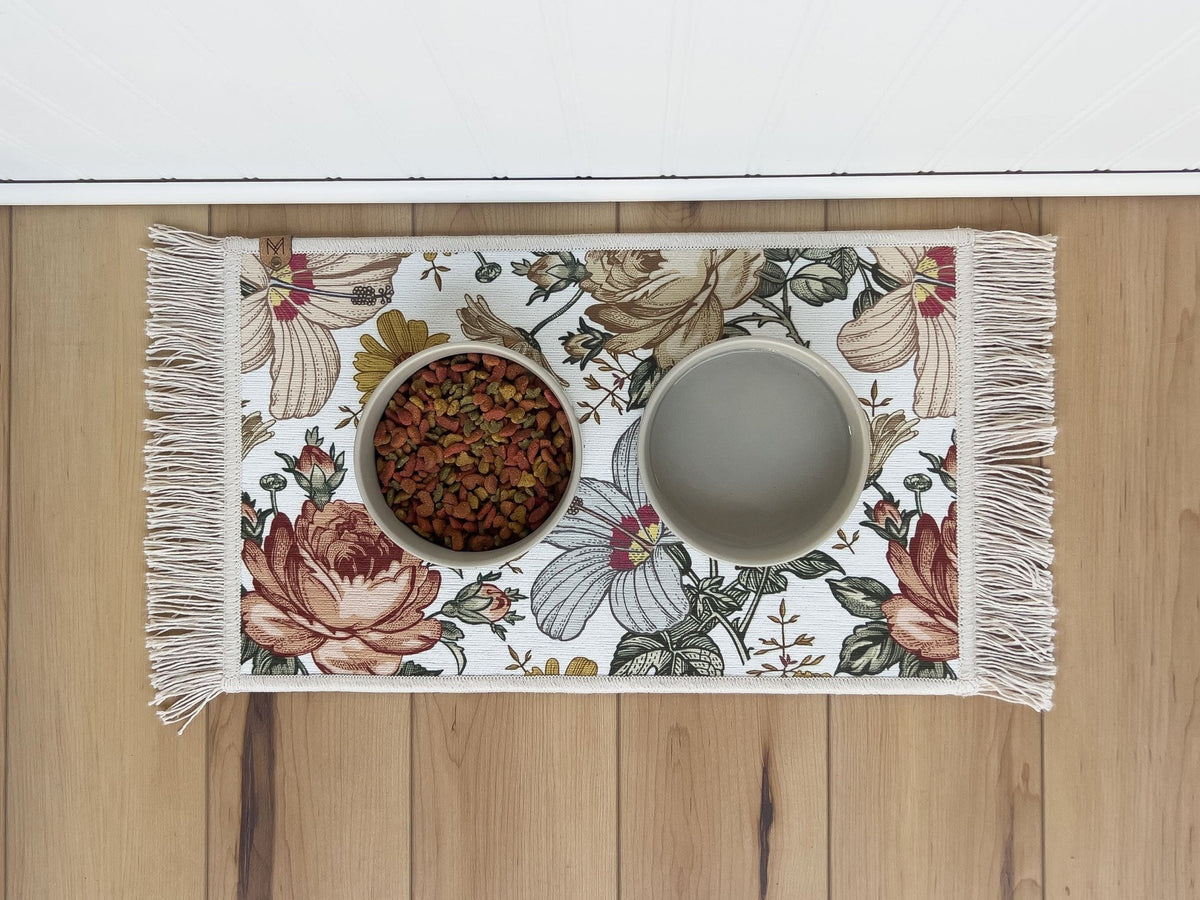 Boho floral dog bowl mat with fringe – personalized, washable and nonslip