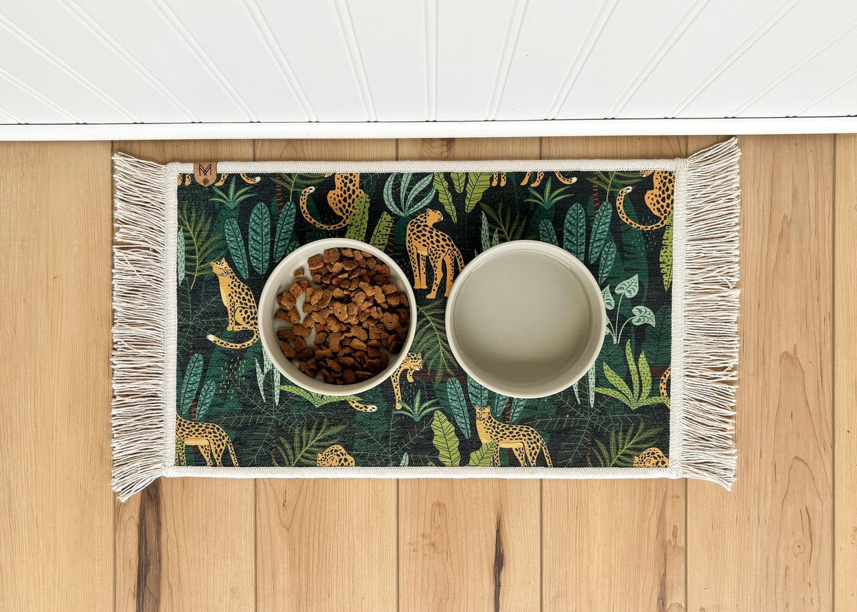 Green leopard print dog bowl mat with fringe – personalized, washable and nonslip
