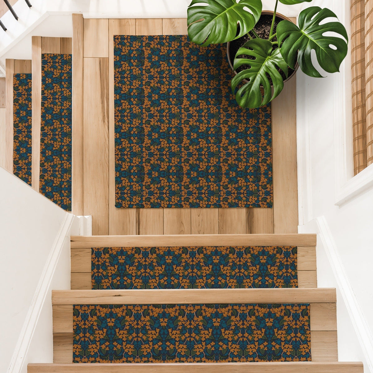 Avery Stair Treads – Navy & Marigold Floral, William Morris Style - MissionMae
