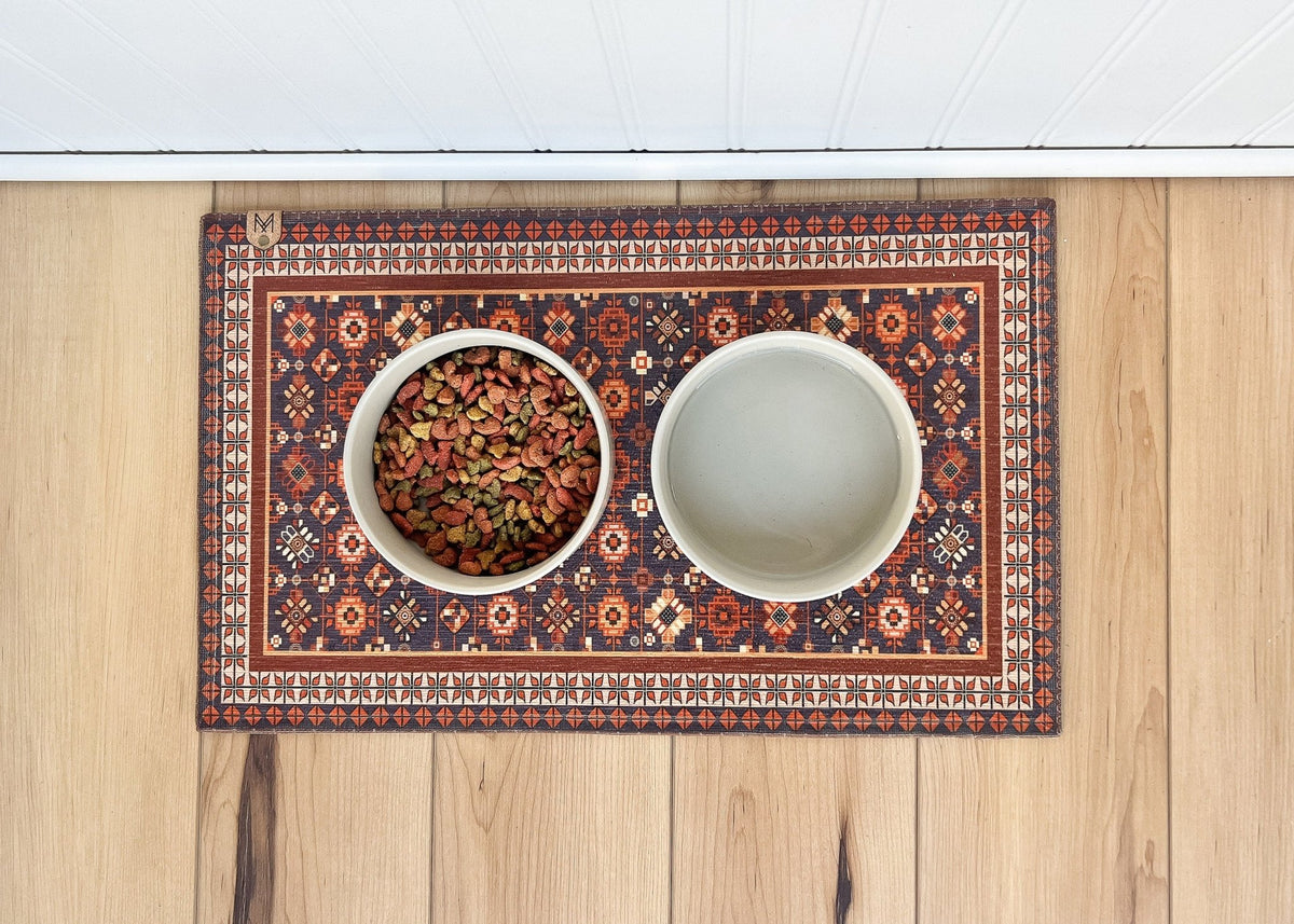 Colorful boho dog bowl mat – personalized, washable and nonslip
