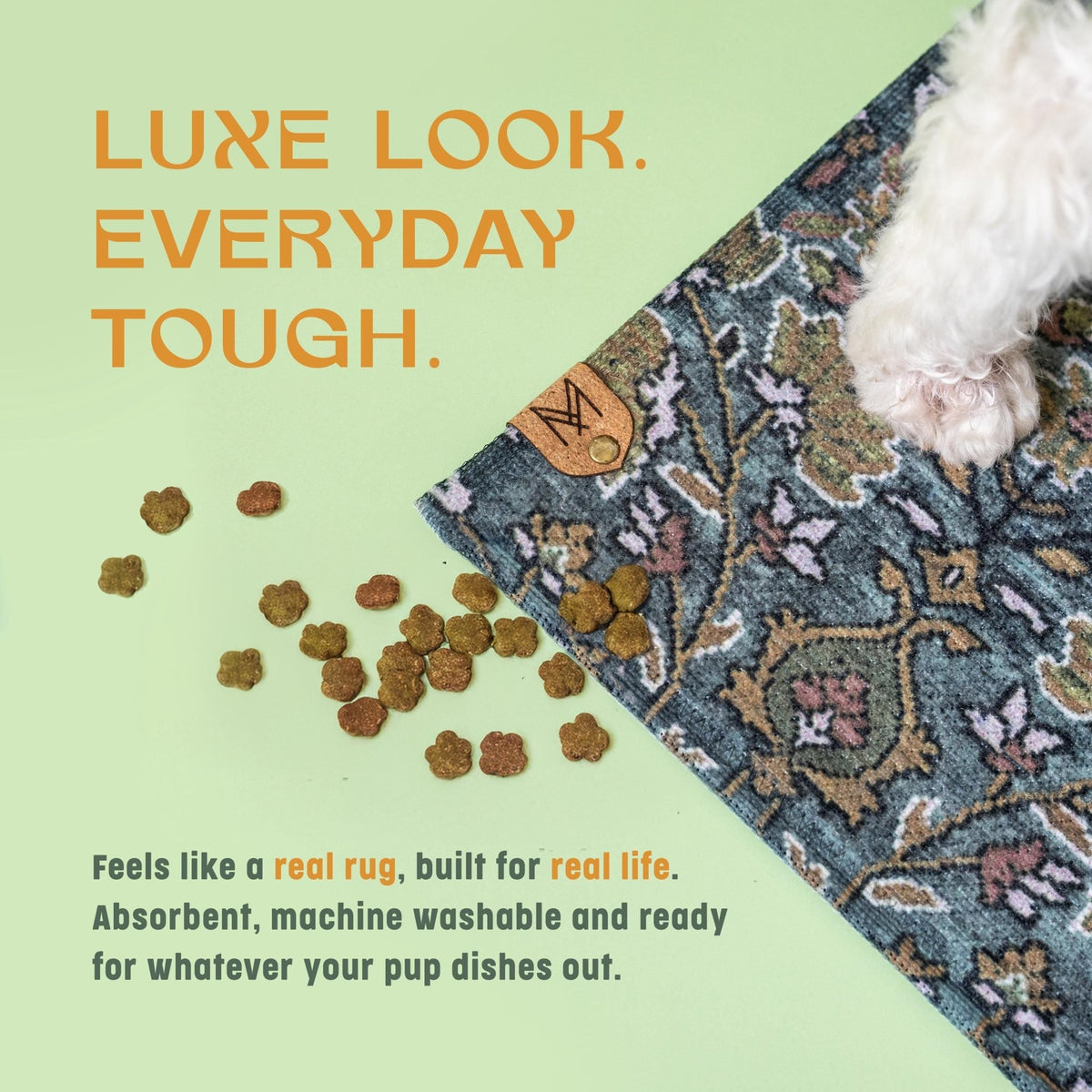 a white dog standing on a patterned rug, with scattered dog food on the floor. The text above the image reads "LUXE LOOK. EVERYDAY TOUGH."