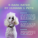 A fluffy white poodle wearing a collar and leash, with a text overlay that reads "5-BARK RATED BY HUMANS & PETS". The image also includes a few positive reviews from people who have purchased the mat.