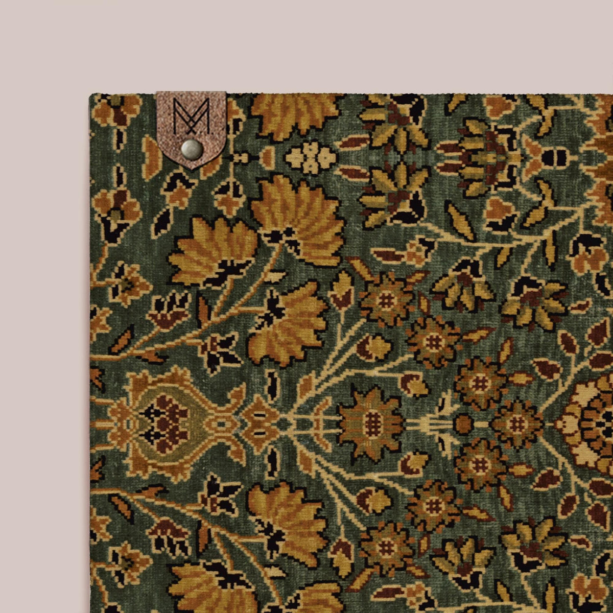 a vibrant, intricately patterned rug with a floral design in shades of green and gold.