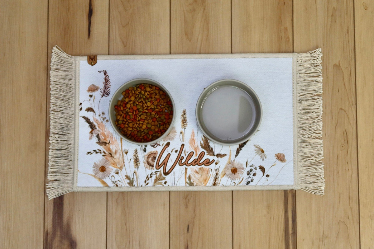 Personalized Dog Bowl Mat Fringe, Nonslip, Machine Washable - Wilde - MissionMae