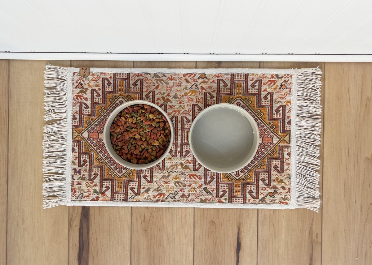 Turkish print dog bowl mat with fringe – personalized, washable and nonslip