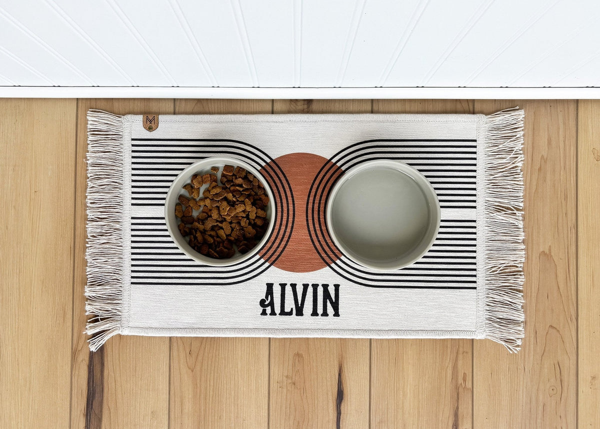 Mid century boho dog bowl mat with fringe – personalized, washable and nonslip