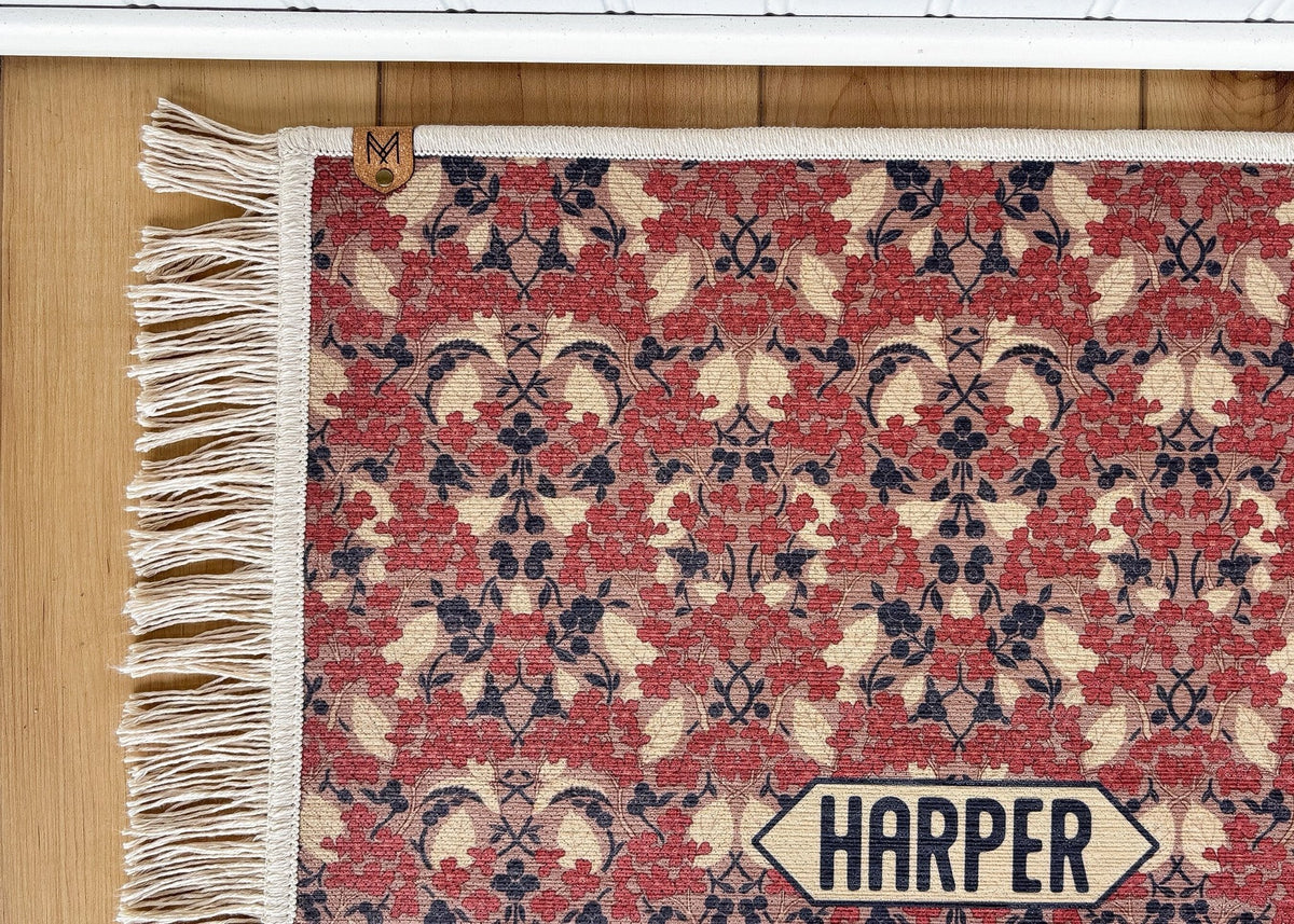 Coral Tapestry Floral William Morris style dog bowl mat with fringe by MissionMae – photo 2