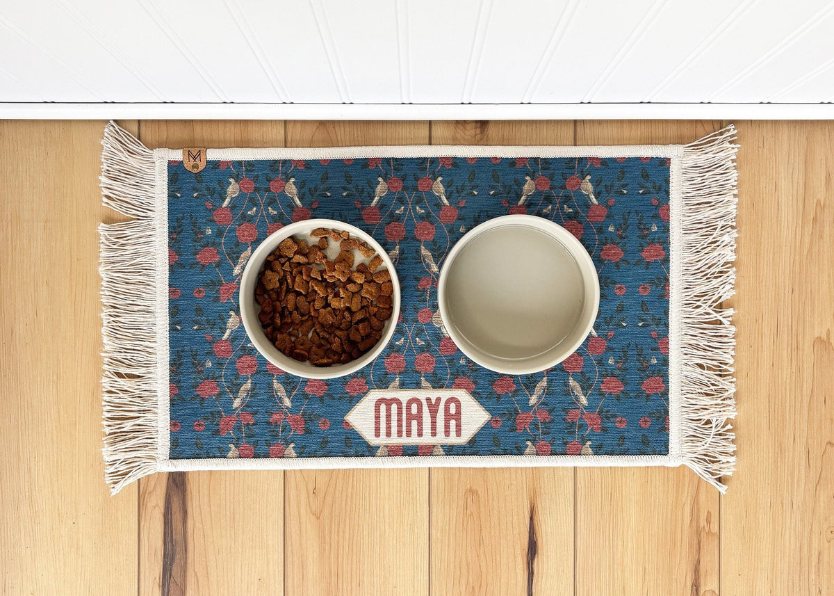 Personalized Dog Bowl Mat with Fringe, Nonslip, Machine Washable - Maya - MissionMae