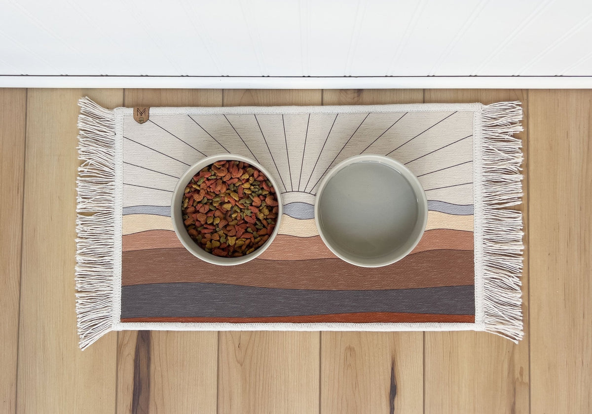 Boho sunrise dog bowl mat with fringe – personalized, washable and nonslip
