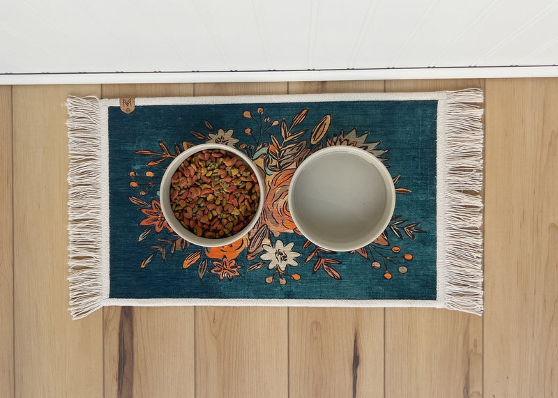Pet Bowl Mat with Fringe - Nonslip - Machine Washable - Flora - MissionMae